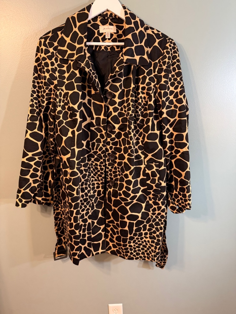 Animal Print Button Front Coat trench coat - Black & Tan